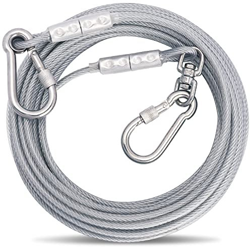Cable de amarre plateado para perros con hebilla de acero, cable de corredor de perro de 3/6/9/15 m con gancho giratorio, correa de perro para patio al aire libre, camping, para perros y mascotas de
