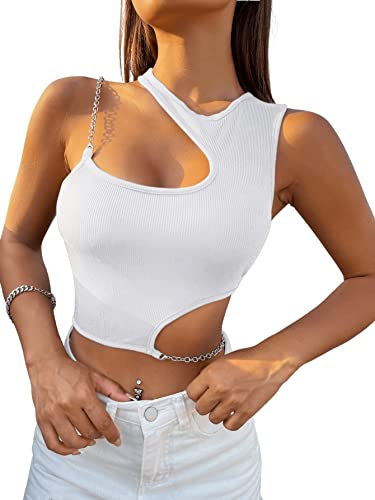 GORGLITTER Cut Out Oberteil Damen Sexy Crop Top Mit Ketten Y2k Crop Tops Rippenstrick Tshirt Asymmetrisches Crop Top Weiß L