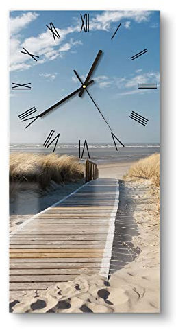 DEQORI Glasuhr | horizontal 30x60 cm | Motiv Strandaufgang am Meer | große XXL Design Uhr aus Glas | leise Wanduhr für Wohnzimmer & Küche | Moderne Hingucker Uhr für die Wand