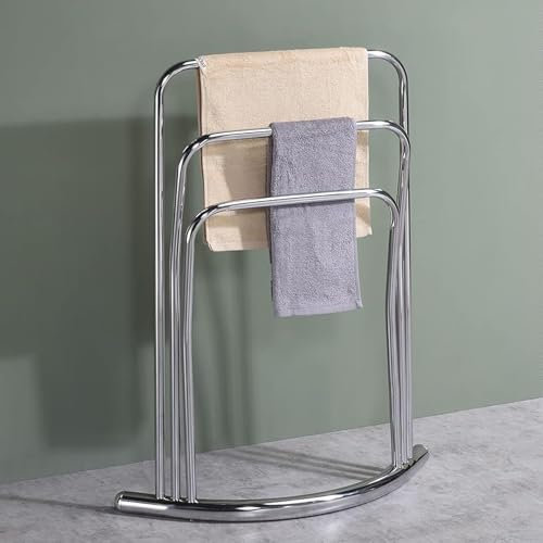 Home Beauty Stainless Steel 3-Tier Freestanding Bath Towel Rail & Curved Towel Rack | Space Saving Drying Rack, Bathroom Storage Organizer, Towel Holder & Stand (Chrome, 58x29x76cm)