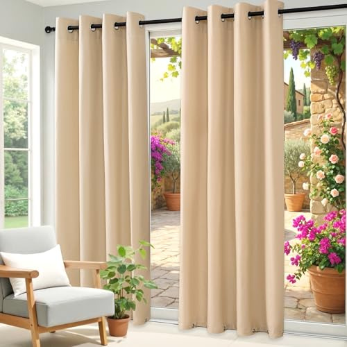 Clothink 2er Set Outdoor Vorhänge Wasserfest Sonnenschutz Winddicht Rostfrei Schnelltrocknend mit Ösen für Terrasse Garten Balkon Familienhaushalte einfache Montage farbecht haltbar(255x215cm, Beige)