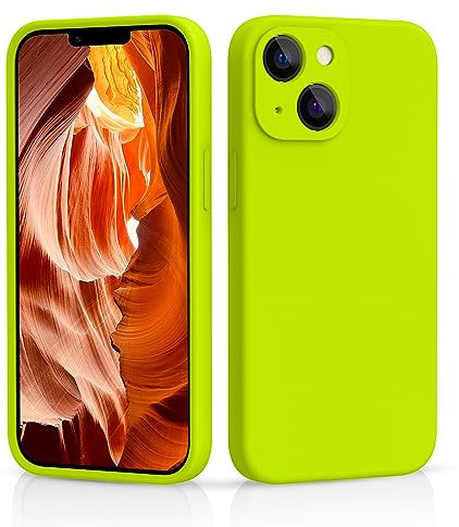 CALOOP Slim-Fit for iPhone 13 Case,Skin Soft Liquid Silicone,Sturdy Shockproof Hard Frame Cover with Anti-Scratch Microfiber Lining,Full Protection for Screen and Lens, 6.1 inch(Fluorescent Green)