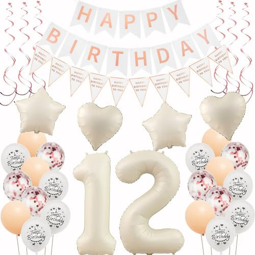 Deko 12. Geburtstag Mädchen Beige Roségold Luftballons 12 Geburtstag Dekoration Mädchen，12 Deko，Geburtstagsdeko 12 jahre,Happy 12th Birthday Girlande 12 Party Deko