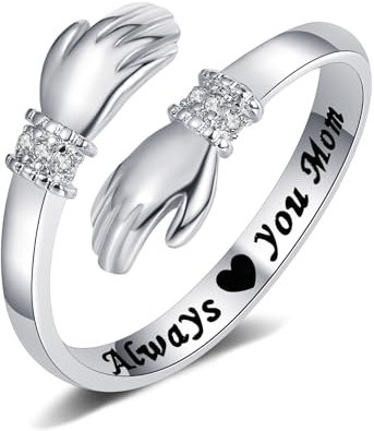Yifnny Umarmungsring, Verlobungsring Gravierte Worte Umarmung Hände Offener Ring Verstellbar Ring Mutter Geschenk für Männer und Frauen Schmuck (Always you mom)