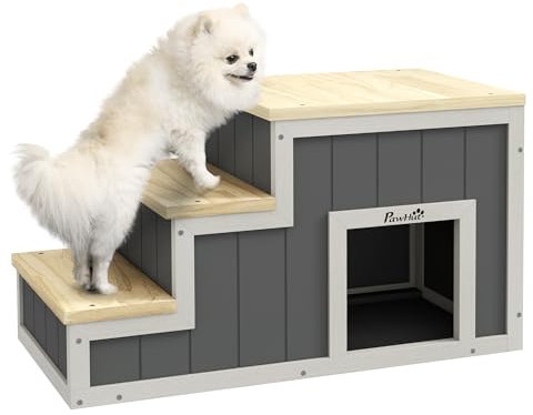 PawHut Escalera para Perros 2 en 1, Escalera para Gatos con Cueva, Escalera para Mascotas con 3 peldaños, rampa de Madera para Mascotas, Escalera para Gatos de hasta 30 kg, para sofá, Cama,