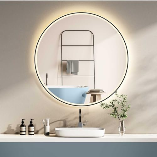 HOKO Design ANTIBESCHLAG Badspiegel rund 60 cm mit Metall Rahmen Matt Schwarz. Runder Bad Wandspiegel LED beleuchtet + Touch Schalter + LED Licht Wechsel