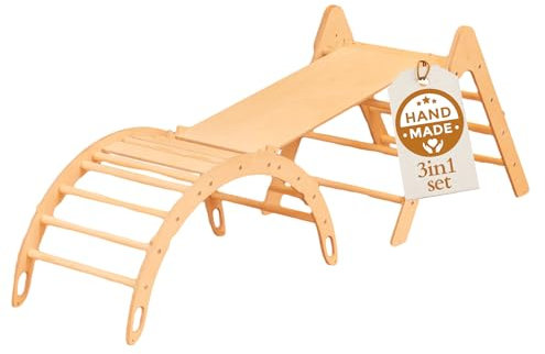 WoodsCraft 3in1 Set: Kletterdreieck mit Rutsche Indoor/Klettern Rampe & Kletterbogen | Holz Montessori Klettergerüst Indoor Spielgeräte & Spielplatz | Klettern Kinder Indoor & Klettern Baby