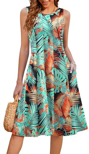 Hotouch Elegant Boho Sommerkleider für Damen Rundhals Blumendruck Strandkleid Falten A Linie Kleid Sommer Ärmelloses Umstandskleid Mit Taschen Muster 116 L