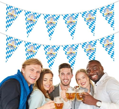 Monozoz Oktoberfest-Flagge, Festival-Flaggen, Bayerisches Wanddekorationsbanner, 26 Fuß – Dreiecksschild blau/weiß Oktoberfest, Oktoberfest, Zubehör für die
