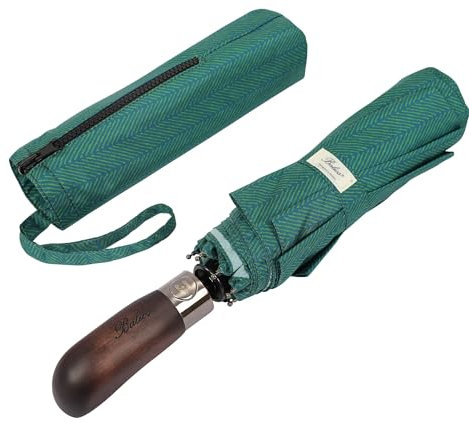 Balios Folding Umbrella Wood Handle Auto Open Close Vented Canopy Herringbone Jade Green