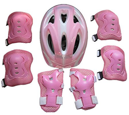 7PCS Kids Bike Helmet Set Girls Boys Protect Helmet Knee Elbow Wrist Pad Sets for Cycling Skate Bike (Pink, One Size)