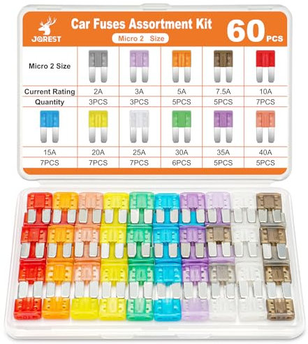 JOREST 60pcs Micro2 Sicherungen Kfz, Auto Stecksicherung Set Autosicherungen Autosicherung Flachsicherungen für PKW/Wohnmobil/LKW/Motorrad (2 Amp 3A 5A 7.5A 10A 15A 20A 25A 30A 35A 40A)