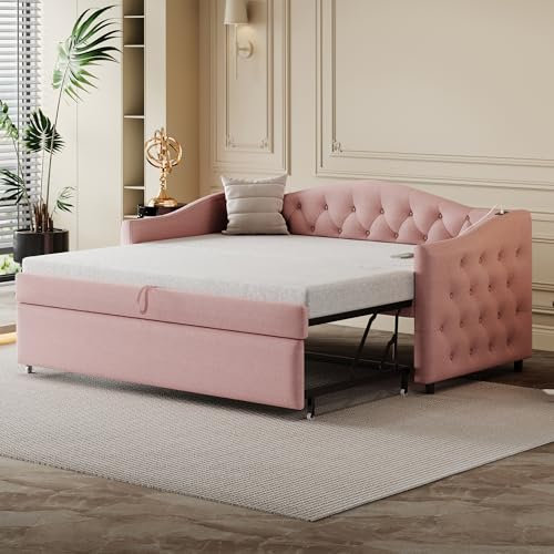 Dolamaní Divano letto 90/180x200 cm per adulti 2 persone, letto estraibile della stessa altezza, letto multifunzionale in tessuto di lino delicato sulla pelle (Rosa B