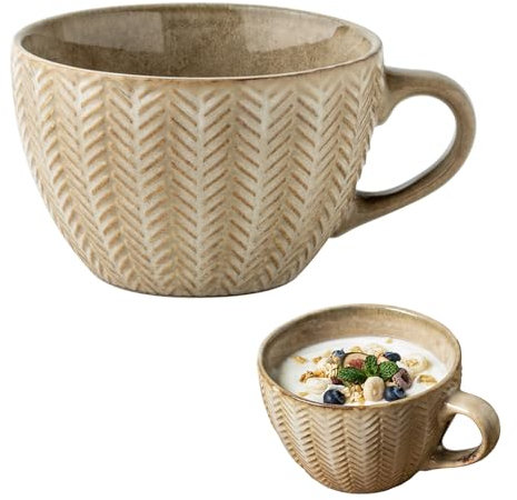 Large Ceramic Coffee Cup, 400 ml Mug with Handle, XXL Cappuccino Cup, Salad Bowl, Ramen Bowl (Light Yellow)