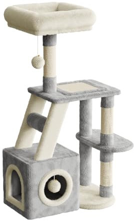 Dogat Cat Tree, 107cm Cat Scratching Post for Indoor Cats, Multi-Level Stable Cats Tower with Scratching Post and Perches, 2 Plush Toy Balls, 1 Cave, for Kitten Climbing, Playing (Grey and Beige)