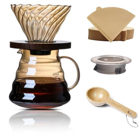 CHDEXU Juego de cafetera de 20 onzas, 600 ml, servidor de café de vidrio de borosilicato con tapa de vidrio, 50 filtros de papel, mango de nogal para verter café en casa, cafetería, restaurante