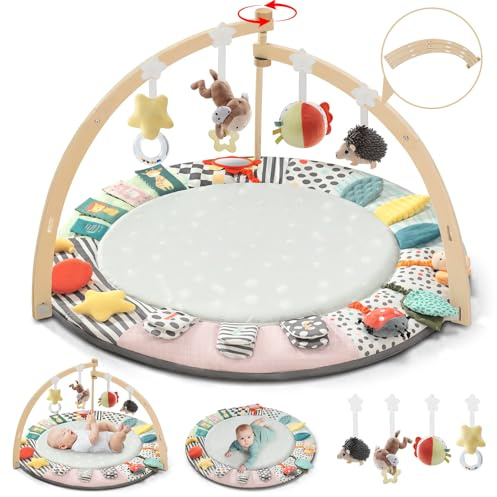 Faltbare Spielbogen Baby Holz, 6 Entwicklungszonen, 7 Interaktive Sensorik Spielzeug, Spielmatte zur Motorik & Sinnesförderung, Baby Essentials für 0-18 Monate, Babyparty Geschenk
