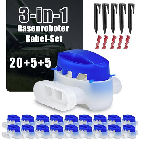 3-in-1 Rasenroboter Kabel-Set: 20 kabelverbinder mähroboter + 5 erdnägel + 5 T-Abzweigverbinder, Rasenmäher Zubehör (Kompatibel für Bosch, Gardena, Husqvarna, Worx, Yard Force)