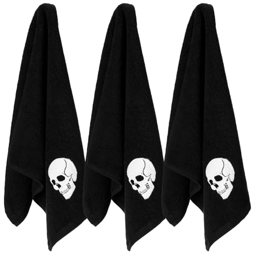 3 x schwarze Gothic-Totenkopf-Küchentücher, Halloween-Küchentüche | Baumwoll-Skelett-Stickerei, Handtuch, Geschirrtücher für Küche, Badezimmer, Einweihungsgeschenke, Dekoration, 35,6 x 76,2 cm