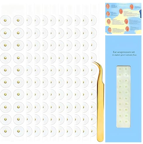 QZYGWCS 24K Gold Plated Ohrsamen Set (200 Stück) – Wasserdicht & Atmungsaktiv – Inkl. Ohrakupunktur-Karte & Pinzette – Ideal gegen Stress & Schmerzen