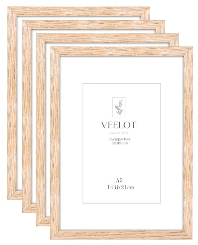 Veelot® 4x Bilderrahmen DIN A5 14.8x21cm,Natur Holz Eiche,Passepartout 10x15cm,Zertifikatsrahmen 15x21cm mit bruchsicherem Acrylglas | Holzbilderrahmen Poster Echtholz