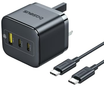 Baseus 65W USB C Charger Plug UK, MacBook Charger, PPS 3-Port Fast Charging Compact GaN USB C Charger, Compatible with MacBook Pro/Air, iPhone 17 16 15, iPad, Galaxy S24/S23, Steam Deck, Switch
