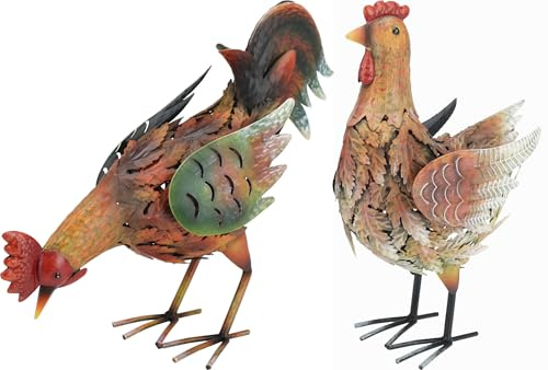 Muddy Hands Metal Rooster & Hen Garden Ornaments – Rustic Farmyard Animal Statues for Outdoor Lawn, Patio or Yard – Weather Resistant Decorative Sculptures