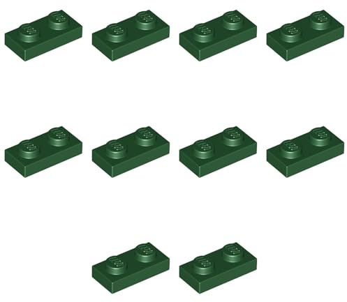 LEGO Plate 1 x 2, Part 3023, Building Brick Component (Dark Green, 10, Bricks)
