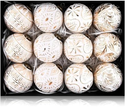 Weihnachtskugeln Set 12 Stück 8cm, Vintage Christbaumkugeln Weiß-Gold, Kunststoff Christbaumschmuck mit Metallaufhänger, Waldland Thema Weihnachtsdekoration
