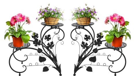 Soporte para flores de hierro, estilo vintage, juego de 2 unidades, negro para sala de estar, balcón, jardín, decoración, estante para plantas, escaleras de metal