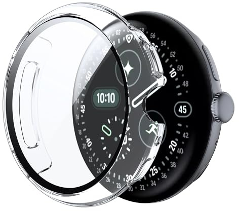 Heioloo Schutzhülle für Google Pixel Watch 4 45mm Hülle mit Gehärtetem Glas, 360° Rundum Displayschutz Anti Kratzen Case Cover für Google Pixel Watch 4 45mm