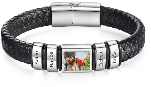 lorajewel Pulsera Personalizada para Hombre Papá Pulsera de Cuero con Nombre Foto Regalo para el Día del Padre, Navidad, Cumpleaños