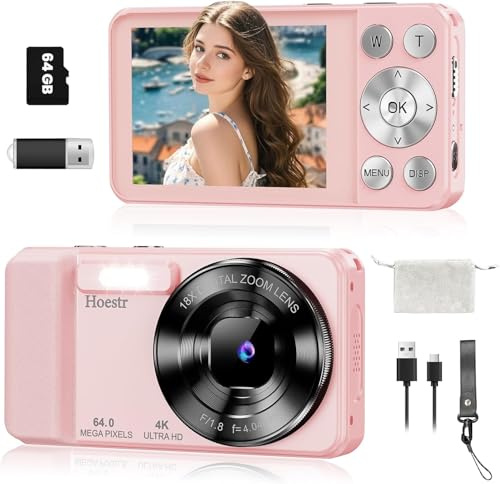 Digitalkamera 4K 64MP, Hoestr Fotokamera 64GB, Digital Kamera mit 2,8 Bildschirm, Autofokus Kompaktkamera, 18X Digitalzoom, 2000mAh Tragbare Digitalkamera Vlogging für Anfänger Teenager Kinder Rosa