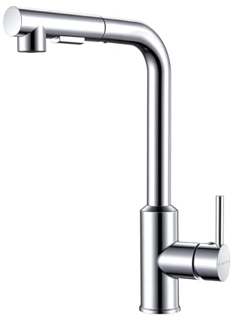 KeeGone Rubinetto per Cucina, Miscelatore con Doccino Estraibile, Rubinetto Lavello Girevole 360°, Miscelatore in Lega Resistente Alla Ruggine, Due Getti, Cromato