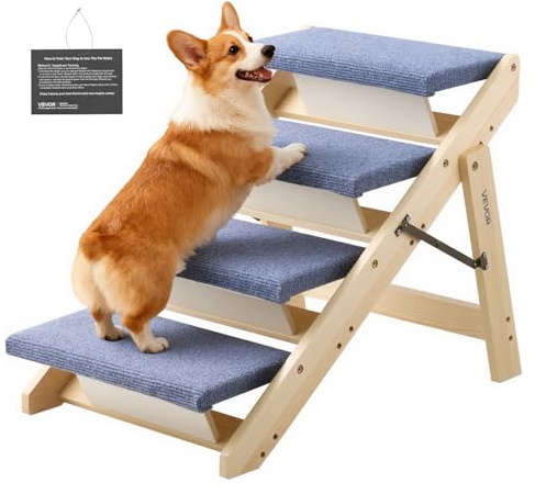 VEVOR Wood Pet Stairs, 4-Step Dog Stairs for Beds, Sofa & Cars, 150lbs Load Capacity, Floded Flat Design, Stable & Sturdy Cat & Dog Step Ladder for Small Medium Large Older Pet Puppy Essentials