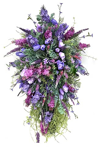 Fictory Corona de flores artificiales con hortensias de jacintos lilas, primavera y verano, decoración floral para puerta delantera, chimenea y decoración del hogar interior y exterior