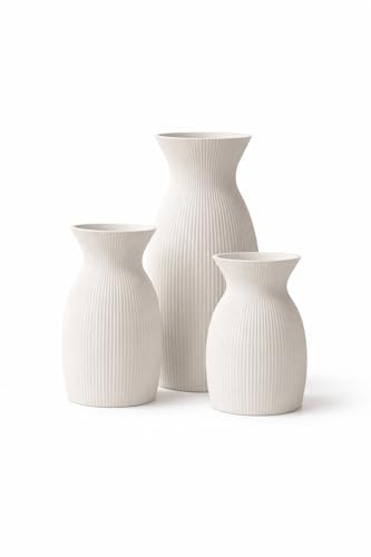 Konia™ Design Vase Set (3er Set) – Gerippte Dekovasen im modernen Skandinavischen Stil, Matt – Für Wohnzimmer, Esszimmer, Schlafzimmer & Büro – 3D Gedruckt (Weiß, Small (Ø=5 x 6&8&10))
