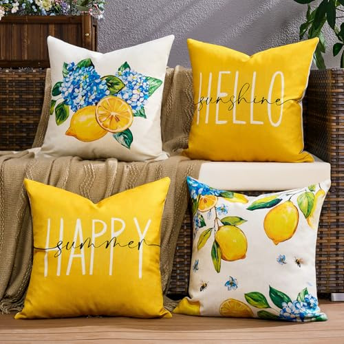 4 Pezzi Fodere Cuscini da Esterno Impermeabili 40x40 cm all'Aperto Copricuscini Limone Federe Cuscini Poliestere Eleganti e Moderni Lavabile per Camera da Letto Balcone Giardino all'Esterno, Giallo