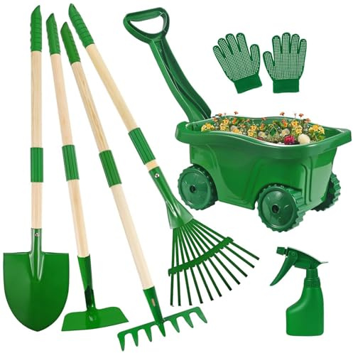 Joygoodta 7Pcs Kids Gardening Set, Toddler Gardening Set with Wheelbarrow, Shovel, Rake and Leaf Rake, Educational Kids Garden Tools for Outdoor Backyard Play