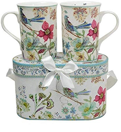 Lightahead Elegante Becher aus Knochenporzellan mit zwei Bechern im blauen Vogel-Design, 325 ml pro Tasse in attraktiver Geschenkbox
