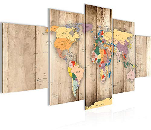 Runa Art Wandbilder Weltkarte Holz 5 Teilig Bild auf Vlies Leinwand Deko Büro Wohnzimmer Kontinente Biege 108752a