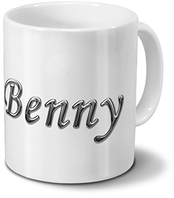 printplanet Tasse mit Namen Benny - Motiv Chrom-Schriftzug - Namenstasse, Kaffeebecher, Mug, Becher, Kaffeetasse - Farbe Weiß