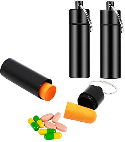 3 Packs Keychain Pill Holder, EFFIET Waterproof Pill Fob Case Box Outdoor Container for Emergency Medicine Drugs, Foam Earplug Storage Case with Ear Plugs (Black)