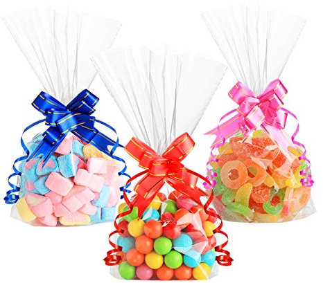 100 Stück Cellophantüten mit Boden Klarsichttüten, 15 x 25 cm Durchsichtige Süßigkeiten Tüten Geschenktüten, Kleine Tüten für Süßigkeiten Kommt 100 Geschenkschleife und Metallischen Bindebaender