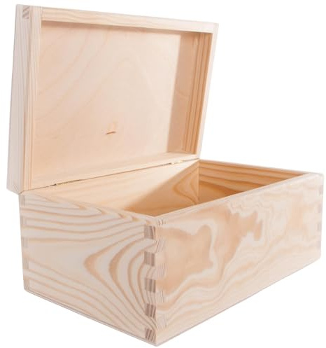 WooDeeDoo Rectangular Wooden Storage Box with Hinged Lid – 21.5 x 13.5 x 10 cm – Unfinished Pine Keepsake Chest for Craft Gift Trinket Memory Storage Personalised Decoration