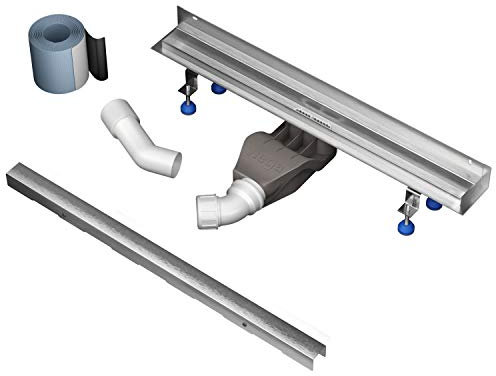 Aquabad Edelstahl Duschrinne mit Wandaufkantung - Slim Wall Pro, Länge 70 cm, Komplett Set inkl. Abdeckung Bord, Siphon und Haarsieb
