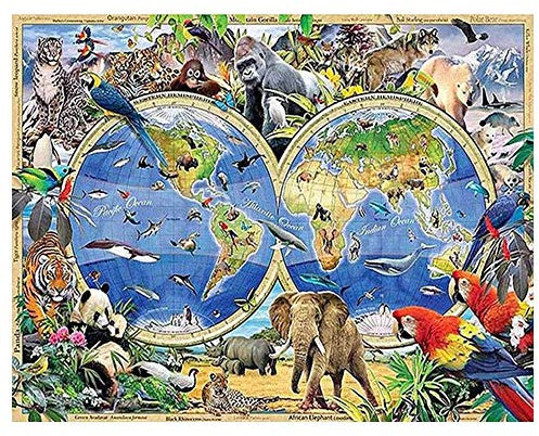 Yingxin34 2000-teiliges Puzzle für Erwachsene - Weltkarte und Tiere Puzzle mit einzigartig geschnittenen Teilen mit Einer Größe von 70 x 100 cm