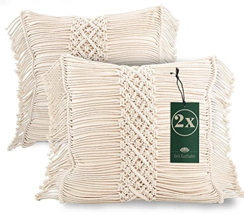 DeinKaufladen.com Boho Kissen Makramee Kissenbezüge mit Fransen [2er Set] Trendige Dekokissen-Bezüge im Boho Style – ca. 40x40 cm große Sofakissen-Hüllen in beige - Boho Deko