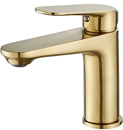 Mitigeur Lavabo Robinet Salle de Bain,Moderne Robinet de Lavabo Monotrou Laiton Massif,Cartouche en Céramique,Or Brossé SHUNLI