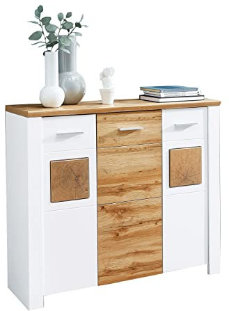 Möbel Jack Kommode - Weiß matt - Eiche Altholz Dekor - B 122 cm - 3 Türen